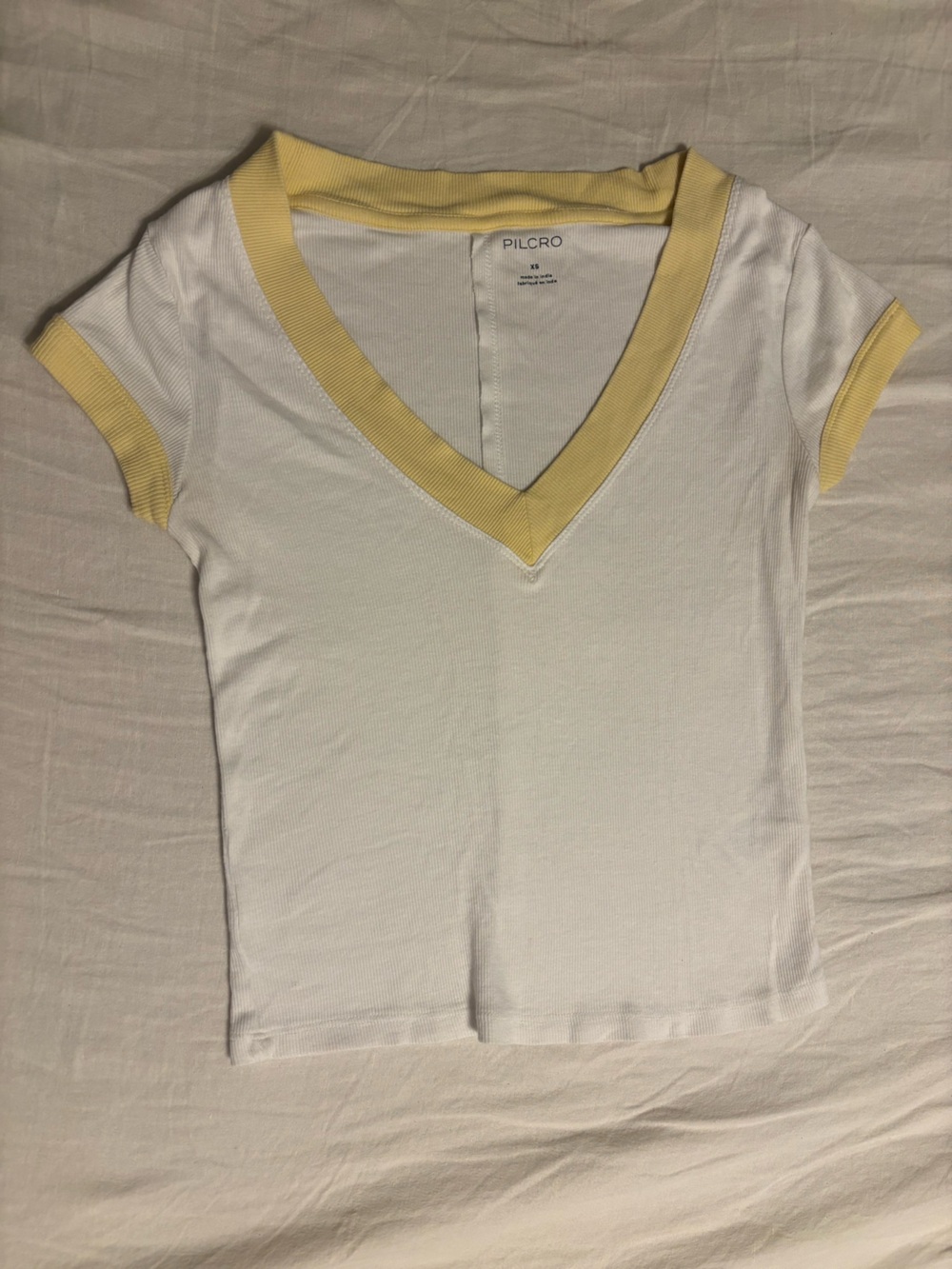 Pilcro White Ribbed V-Neck Tank with Yellow Trim